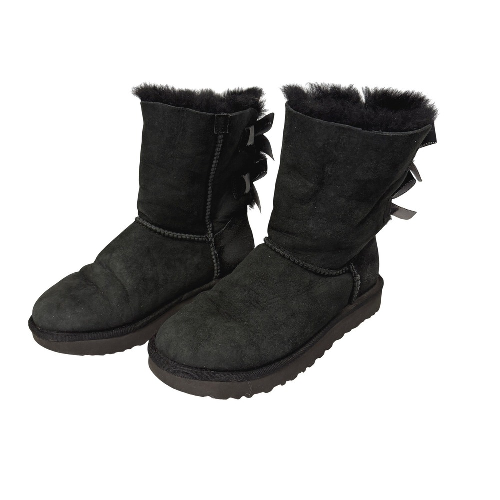 UGG Bailey Bow II Boots Womens 6 Black Suede Sheepskin Ribbon Winter Snow Bootie